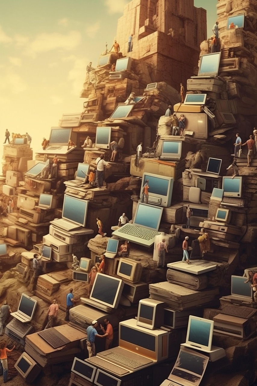 computers, desktops, ai-generated, laptop, mountain, media, scrap metal, garbage, chatbot, technology, future, people, nature, artificial intelligence, ai, development